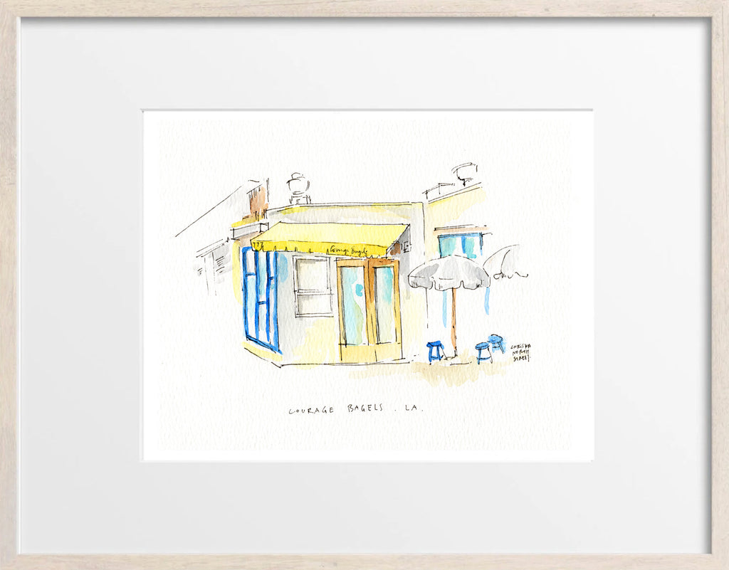 Courage Bagels Los Angeles, Restaurant Watercolor Hand Drawing