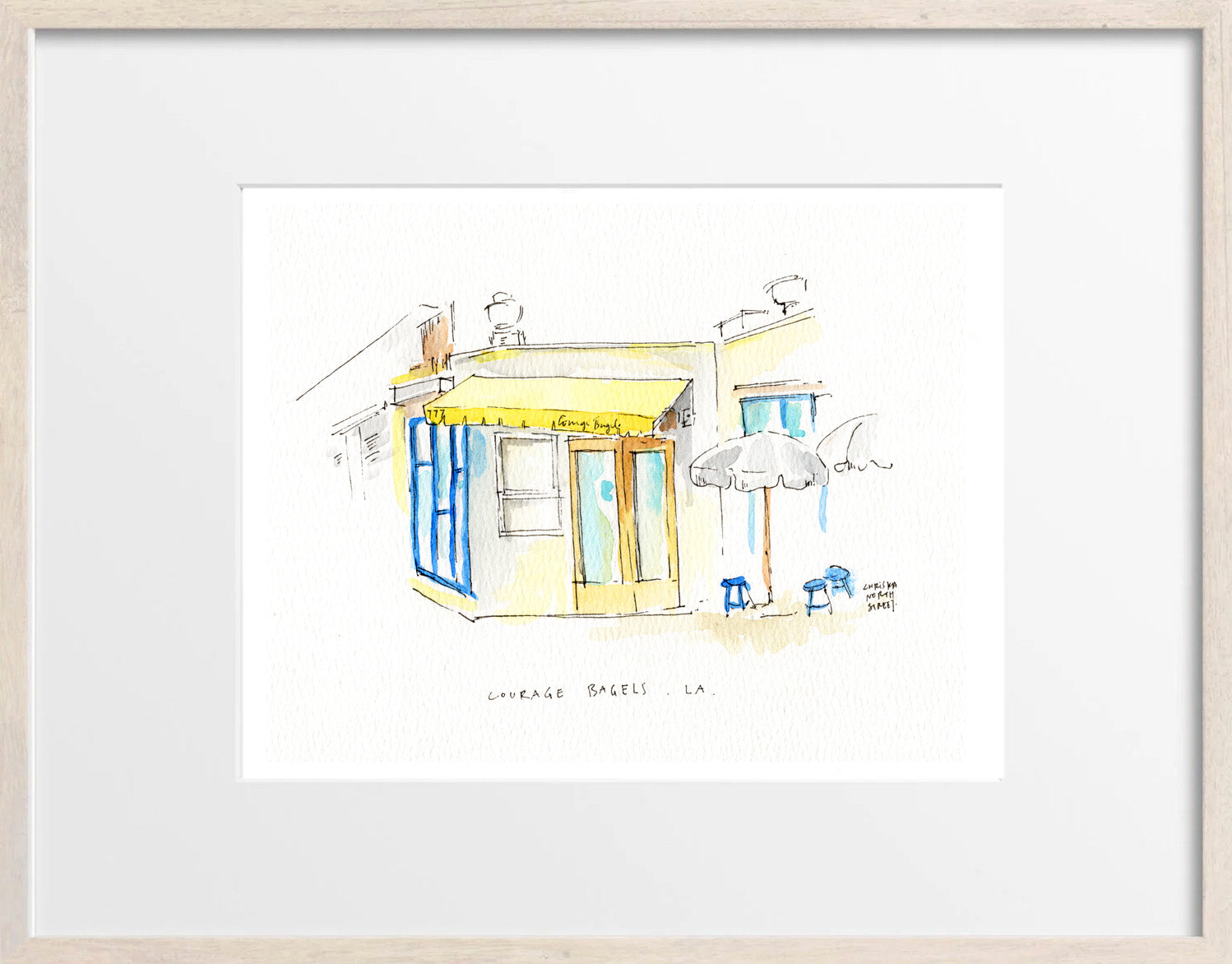 Courage Bagels Los Angeles, Restaurant Watercolor Hand Drawing