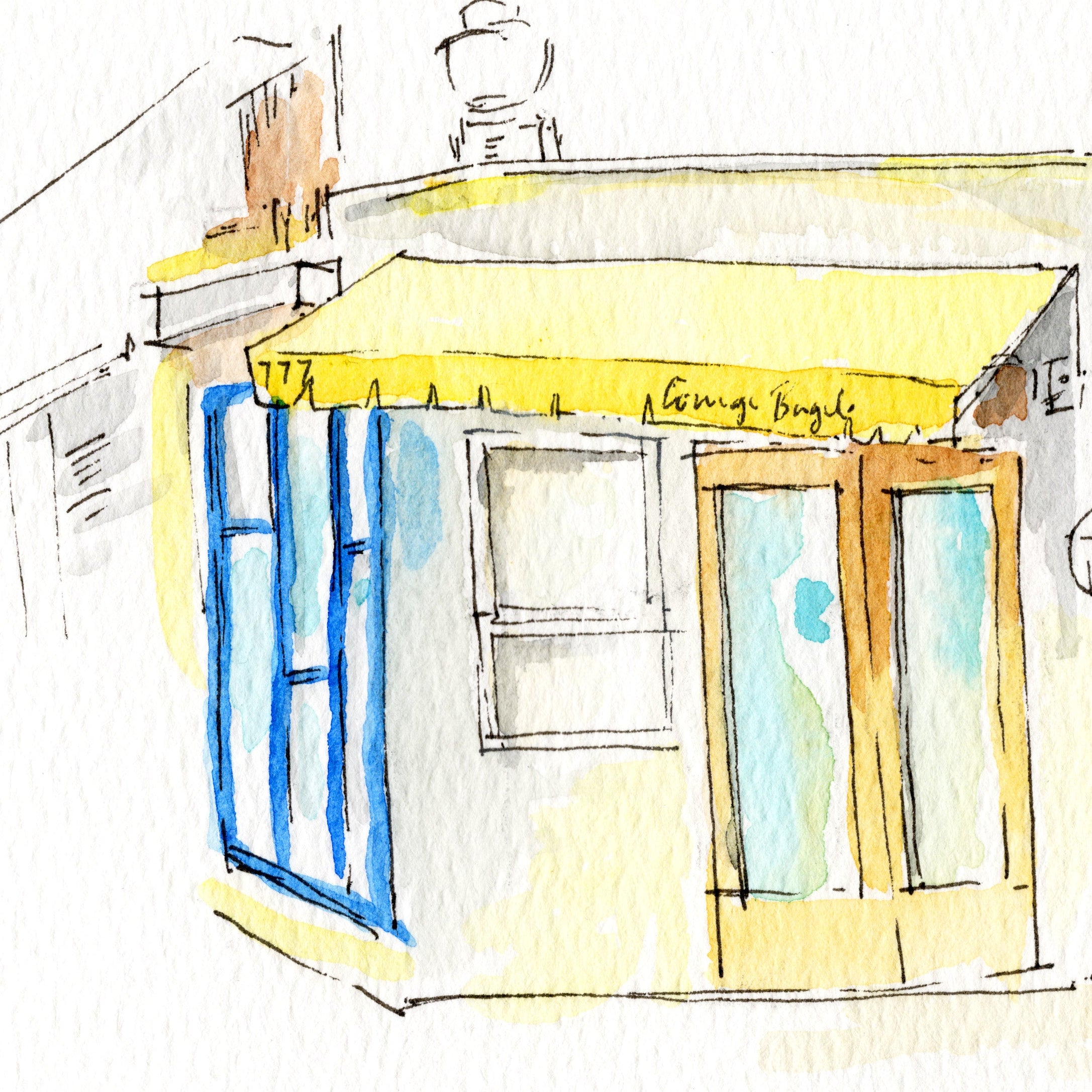 Courage Bagels Los Angeles, Restaurant Watercolor Hand Drawing