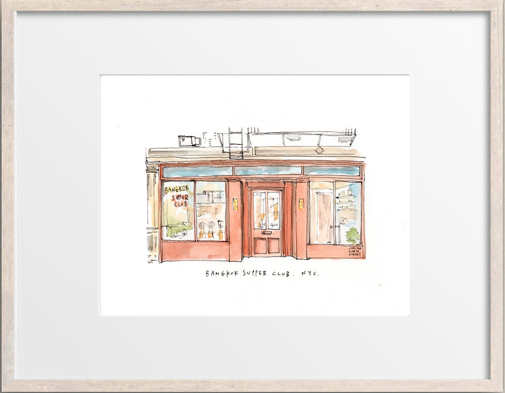Bangkok Supper Club, New York City Restaurant Watercolor Hand Drawing