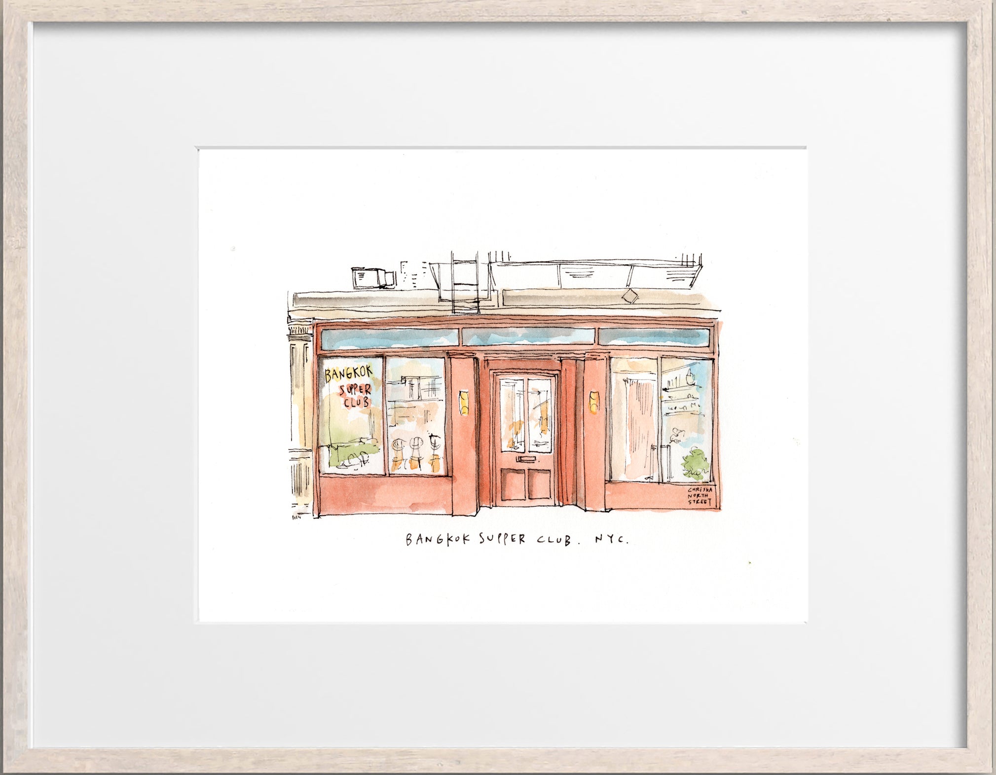 Bangkok Supper Club, New York City Restaurant Watercolor Hand Drawing