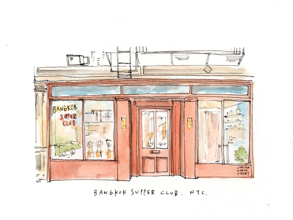 Bangkok Supper Club, New York City Restaurant Watercolor Hand Drawing
