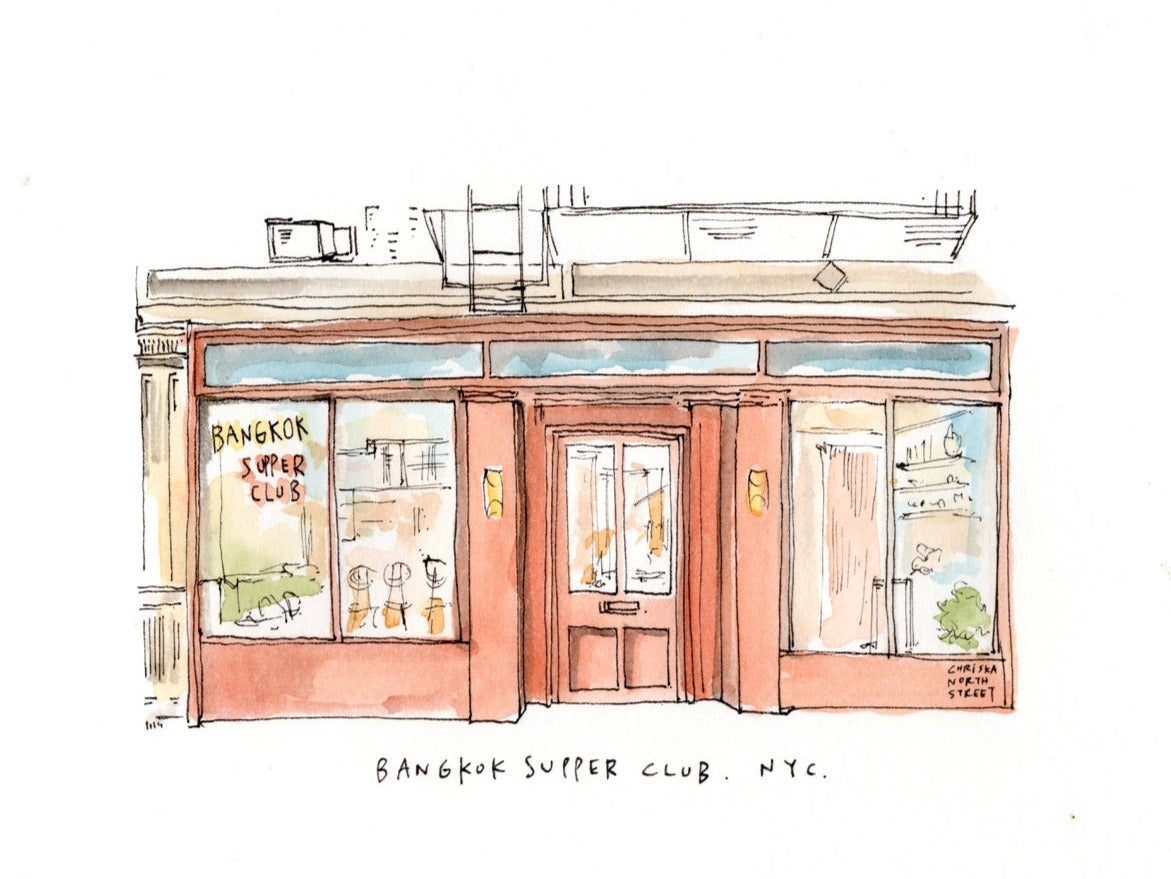 Bangkok Supper Club, New York City Restaurant Watercolor Hand Drawing