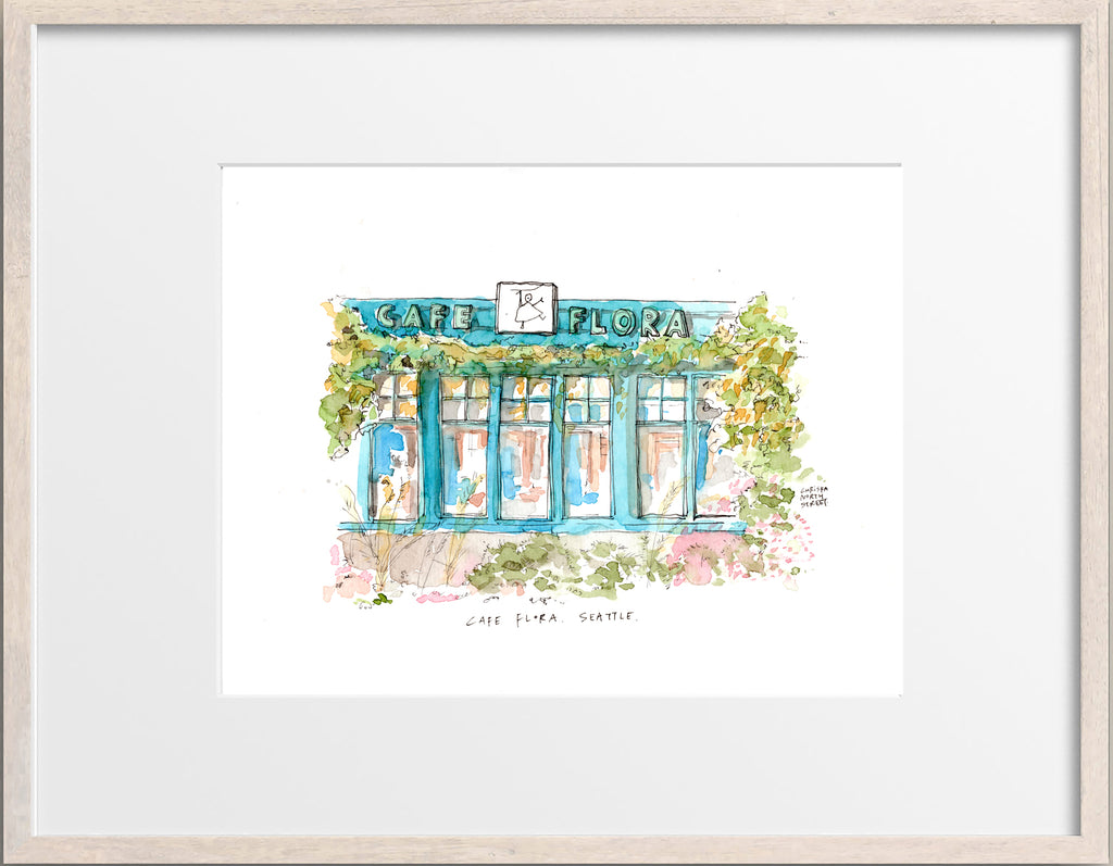Cafe Flora, Madison Valley, Seattle Watercolor Hand Drawing