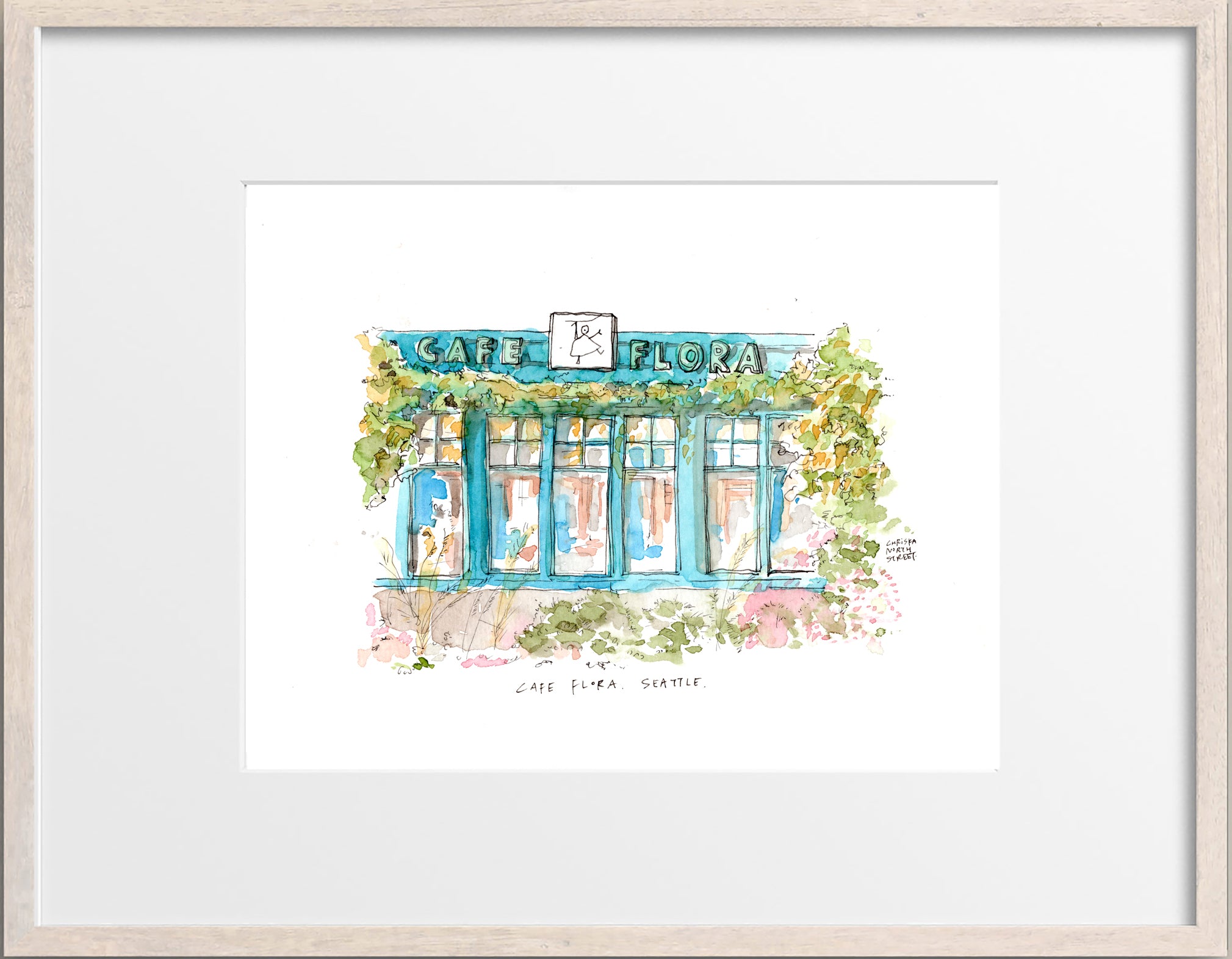 Cafe Flora, Madison Valley, Seattle Watercolor Hand Drawing