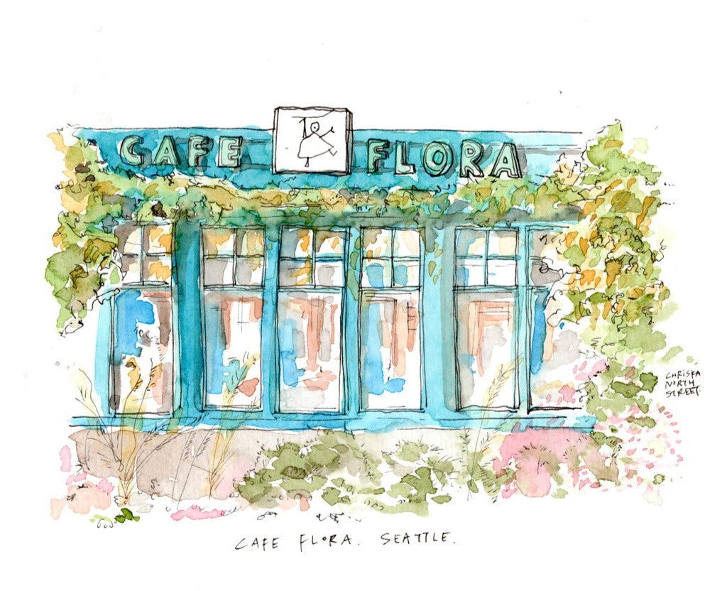 Cafe Flora, Madison Valley, Seattle Watercolor Hand Drawing