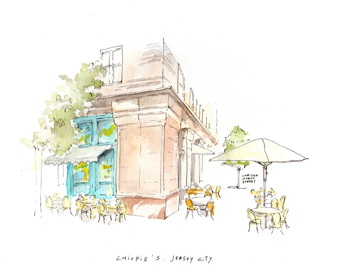 Chickie's, Jersey City, Restaurant Watercolor Hand Drawing