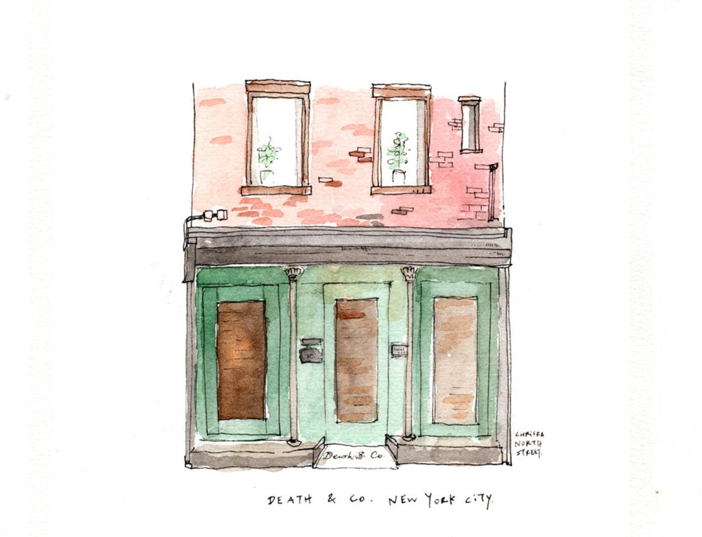 Death & Co New York City, Cocktail Bar Watercolor Hand Drawing