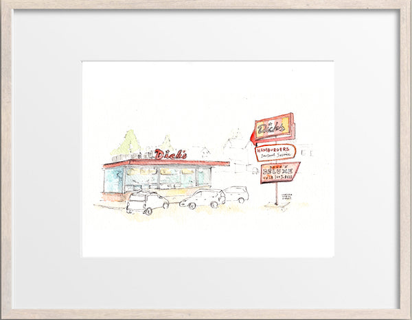 Dick's Drive-In, Wallingford, Seattle Watercolor Hand Drawing