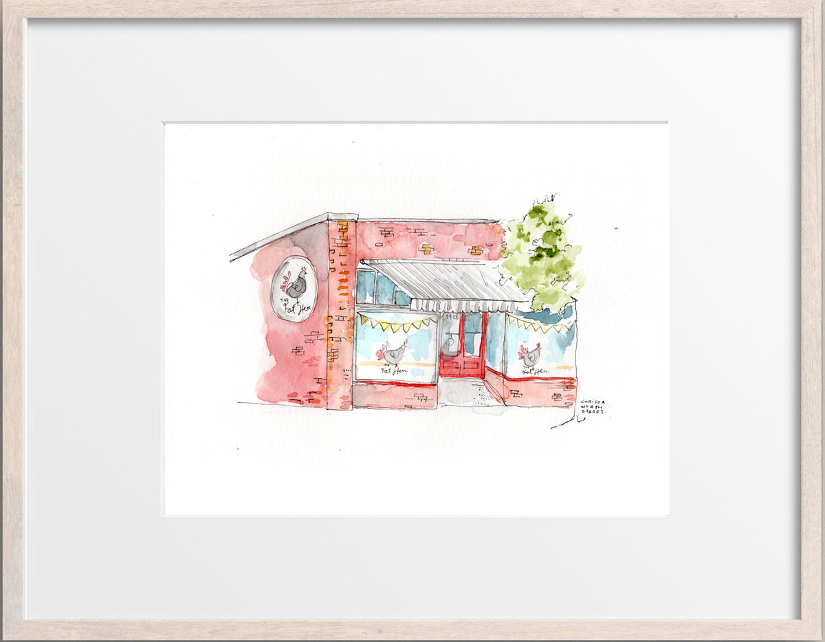 The Fat Hen, Ballard, Seattle Watercolor Hand Drawing