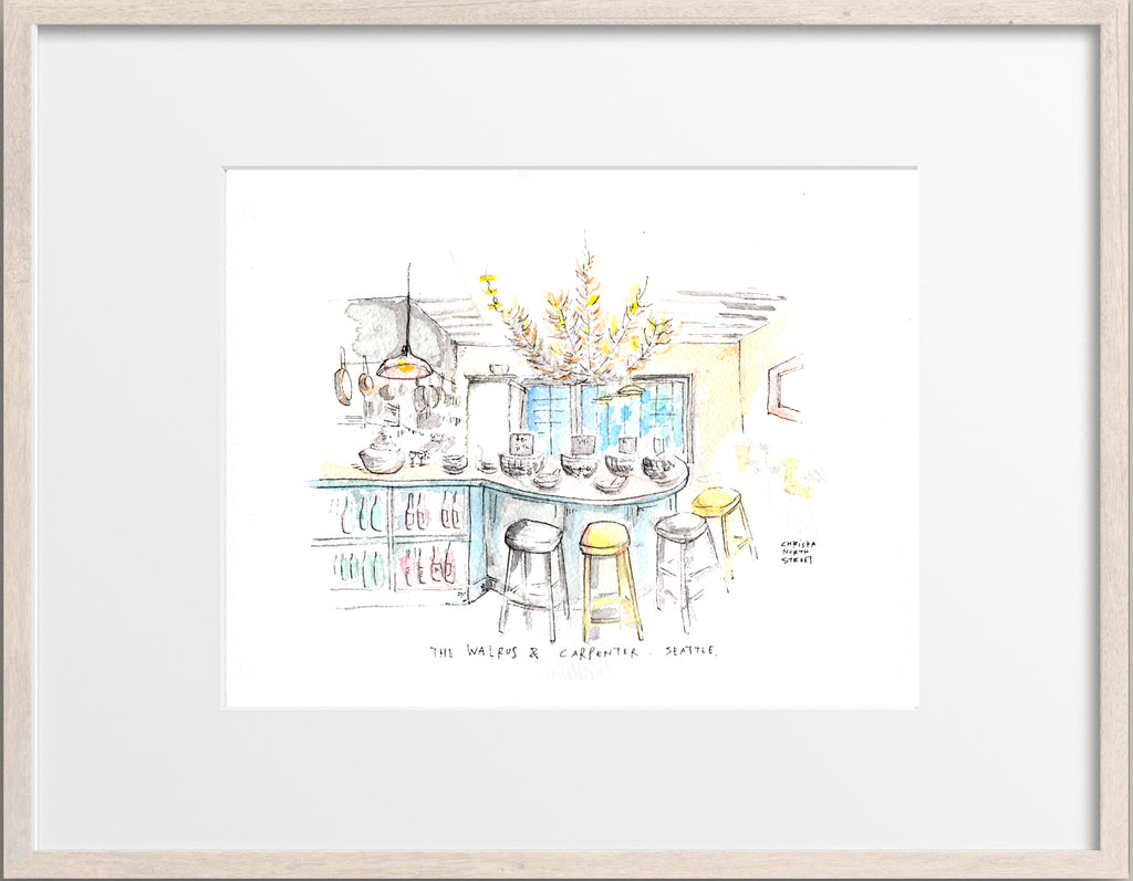 The Walrus and the Carpenter, Ballard, Seattle Watercolor Hand Drawing