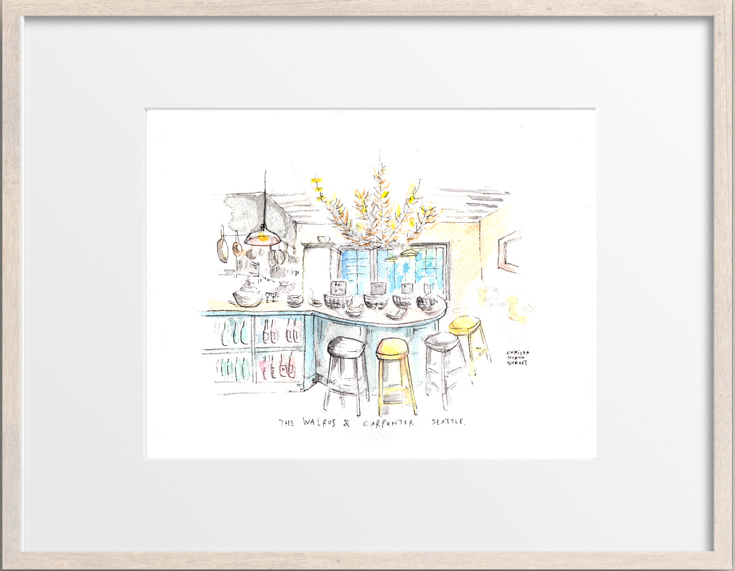 The Walrus and the Carpenter, Ballard, Seattle Watercolor Hand Drawing