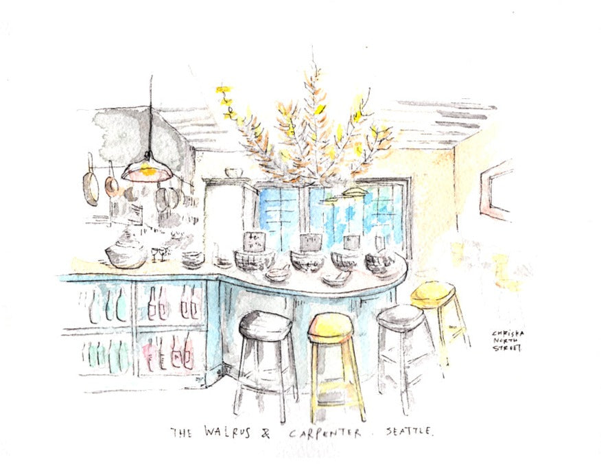 The Walrus and the Carpenter, Ballard, Seattle Watercolor Hand Drawing