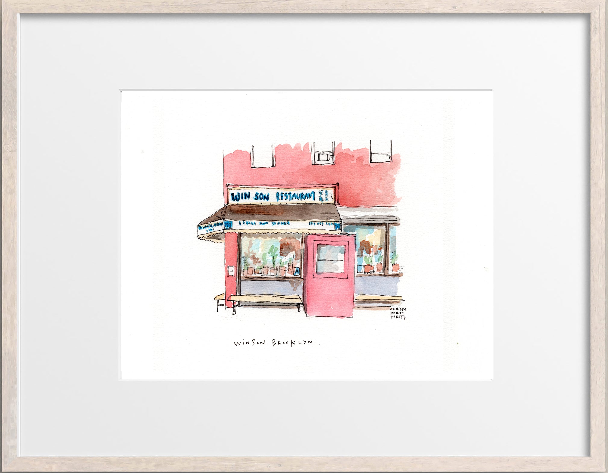 Win Son, Brooklyn, Restaurant Watercolor Hand Drawing
