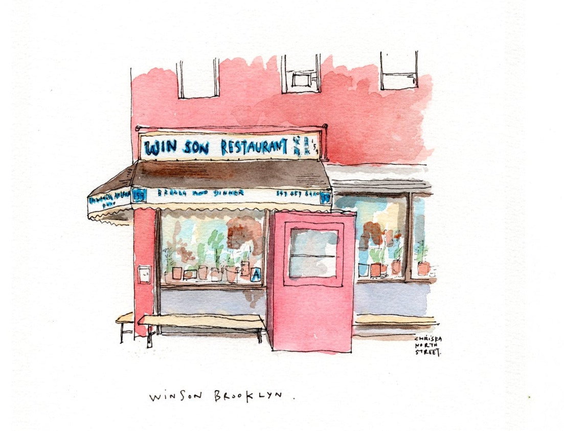 Win Son, Brooklyn, Restaurant Watercolor Hand Drawing
